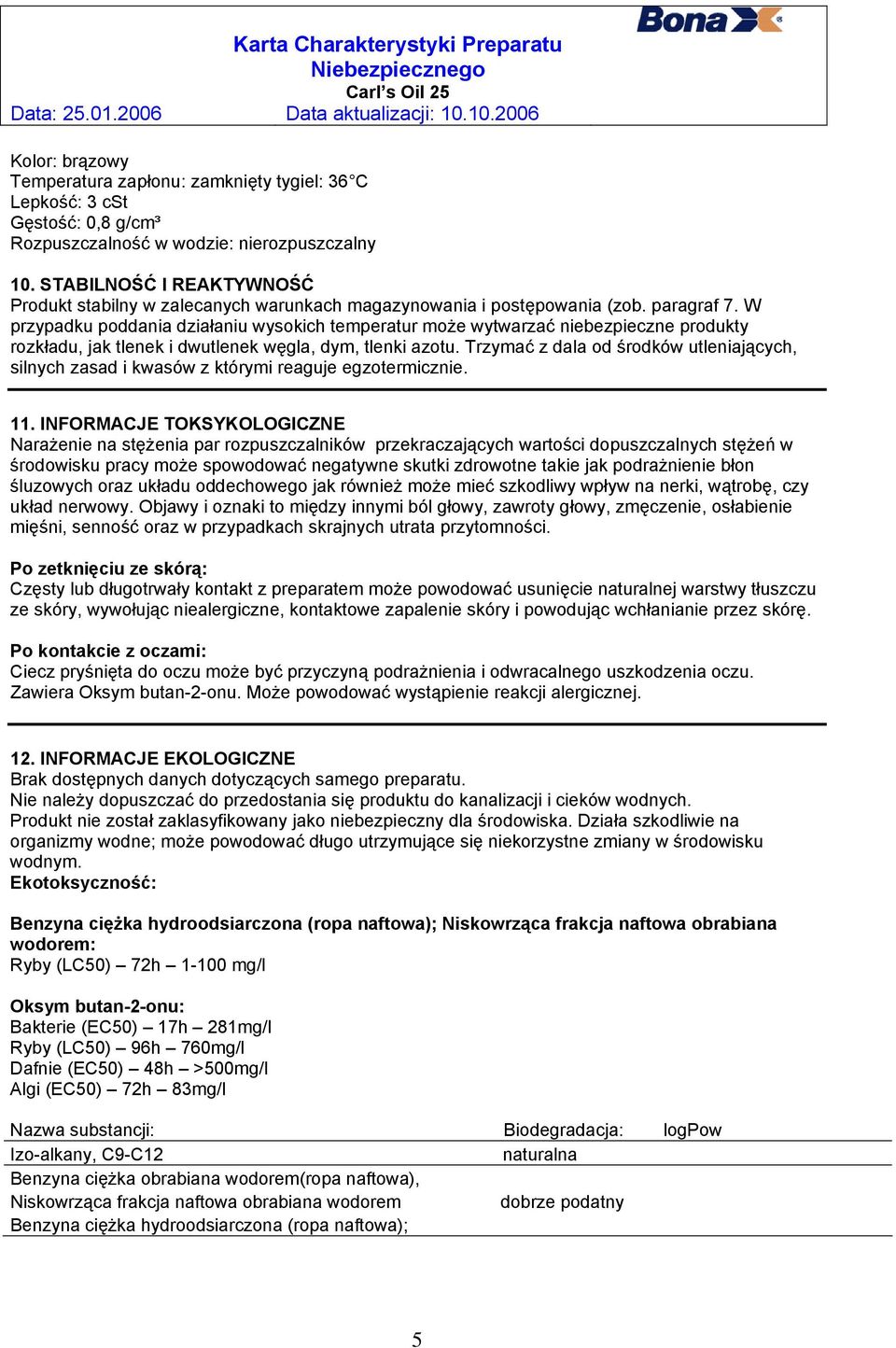W przypadku poddania działaniu wysokich temperatur może wytwarzać niebezpieczne produkty rozkładu, jak tlenek i dwutlenek węgla, dym, tlenki azotu.
