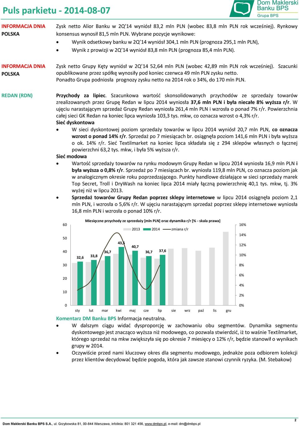 Zysk netto Grupy Kęty wyniósł w 2Q 14 52,64 mln PLN (wobec 42,89 mln PLN rok wcześniej). Szacunki opublikowane przez spółkę wynosiły pod koniec czerwca 49 mln PLN zysku netto.