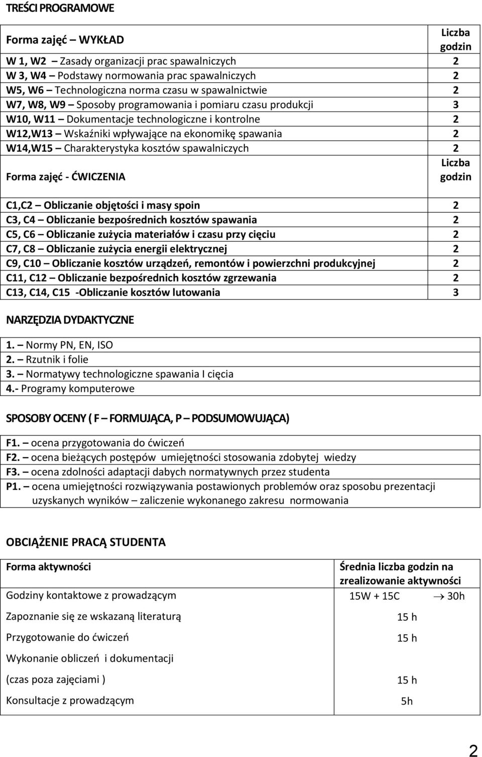 2 Forma zajęć - ĆWICZENIA,C2 Obliczanie objętości i masy spoin 2 C3, C4 Obliczanie bezpośrednich kosztów spawania 2 C5, C6 Obliczanie zużycia materiałów i czasu przy cięciu 2 C7, C8 Obliczanie