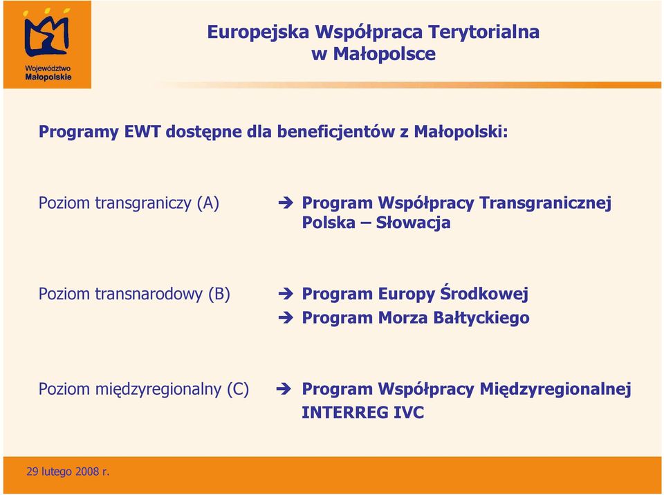 Transgranicznej Polska Słowacja Poziom transnarodowy (B) Program Europy Środkowej