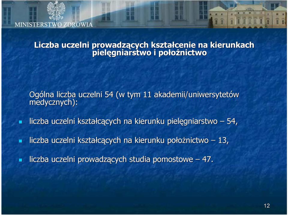 medycznych): liczba uczelni kształcących na kierunku pielęgniarstwo 54, liczba