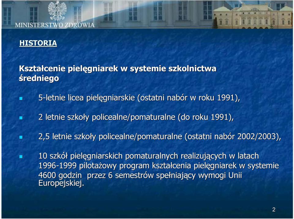 (ostatni nabór 2002/2003), 10 szkół pielęgniarskich pomaturalnych realizujących w latach 1996-1999 1999