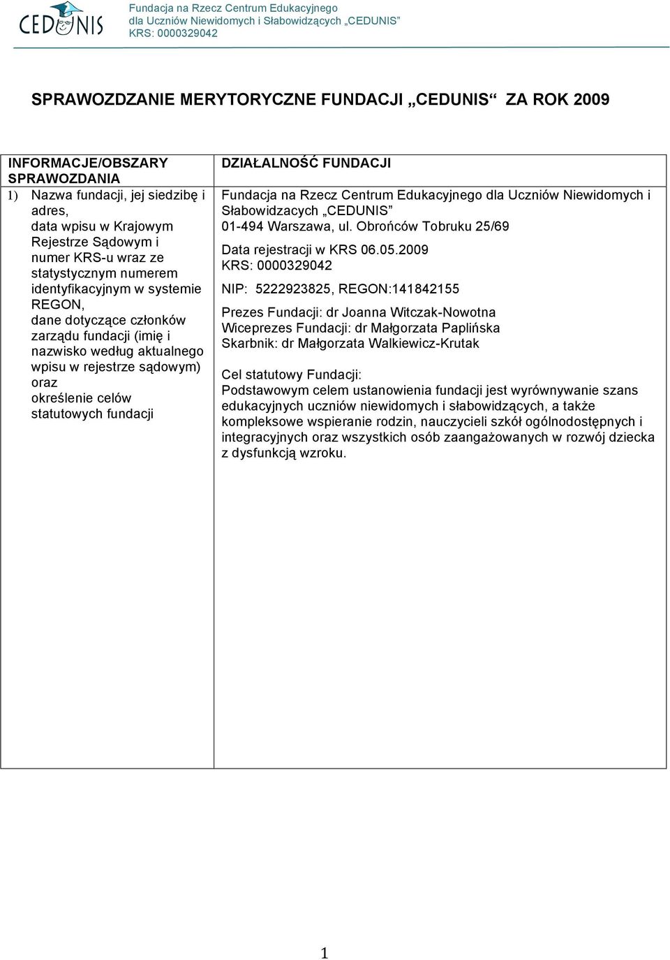 fundacji DZIAŁALNOŚĆ FUNDACJI Fundacja na Rzecz Centrum Edukacyjnego dla Uczniów Niewidomych i Słabowidzacych CEDUNIS 01-494 Warszawa, ul. Obrońców Tobruku 25/69 Data rejestracji w KRS 06.05.