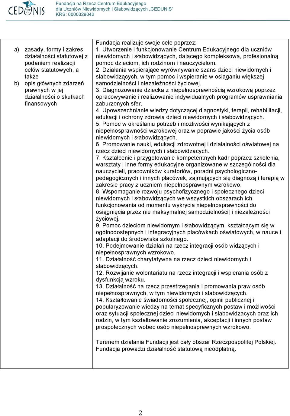 Działania wspierające wyrównywanie szans dzieci niewidomych i słabowidzących, w tym pomoc i wspieranie w osiąganiu większej samodzielności i niezależności życiowej. 3.