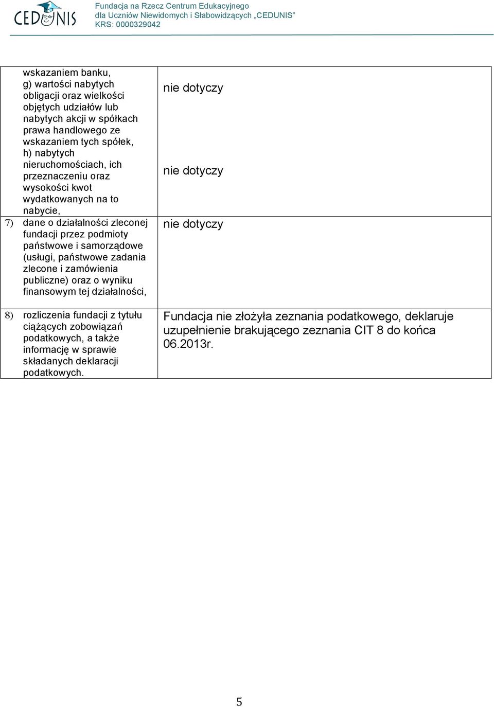 (usługi, państwowe zadania zlecone i zamówienia publiczne) oraz o wyniku finansowym tej działalności, 8) rozliczenia fundacji z tytułu ciążących zobowiązań podatkowych,