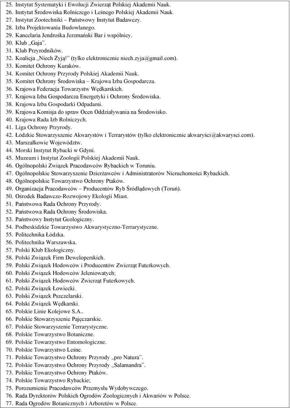 Komitet Ochrony Kuraków. 34. Komitet Ochrony Przyrody Polskiej Akademii Nauk. 35. Komitet Ochrony Środowiska Krajowa Izba Gospodarcza. 36. Krajowa Federacja Towarzystw Wędkarskich. 37.
