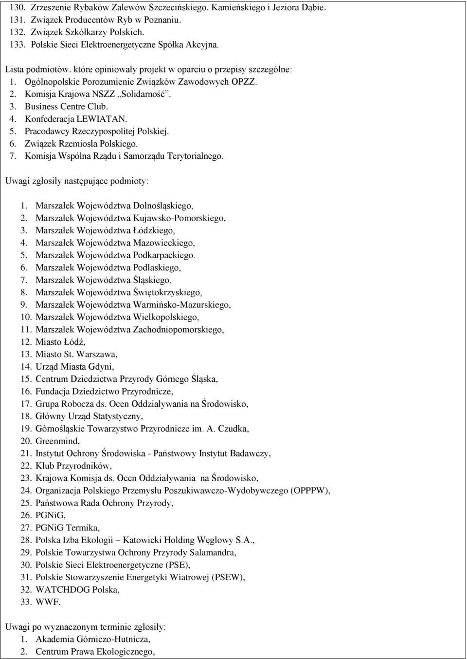 Komisja Krajowa NSZZ Solidarność. 3. Business Centre Club. 4. Konfederacja LEWIATAN. 5. Pracodawcy Rzeczypospolitej Polskiej. 6. Związek Rzemiosła Polskiego. 7.