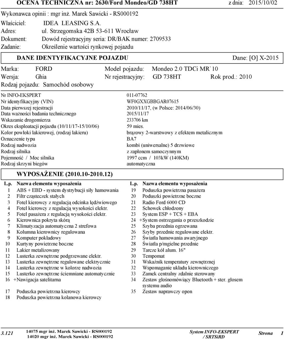 WF0GXXGBBGAR07615 Data pierwszej rejestracji 2010/11/17, (w Polsce: 2014/06/30) Data ważności badania technicznego 2015/11/17 Wskazanie drogomierza 233706 km Okres eksploatacji pojazdu