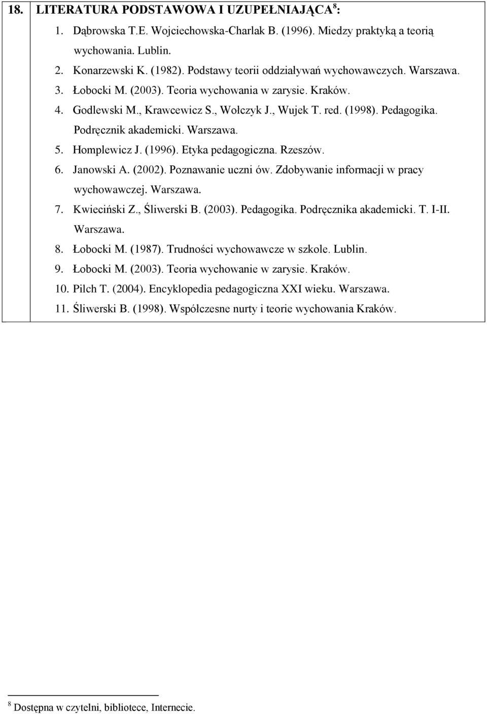 Podręcznik akademicki. Warszawa. 5. Homplewicz J. (1996). Etyka pedagogiczna. Rzeszów. 6. Janowski A. (2002). Poznawanie uczni ów. Zdobywanie informacji w pracy wychowawczej. Warszawa. 7.