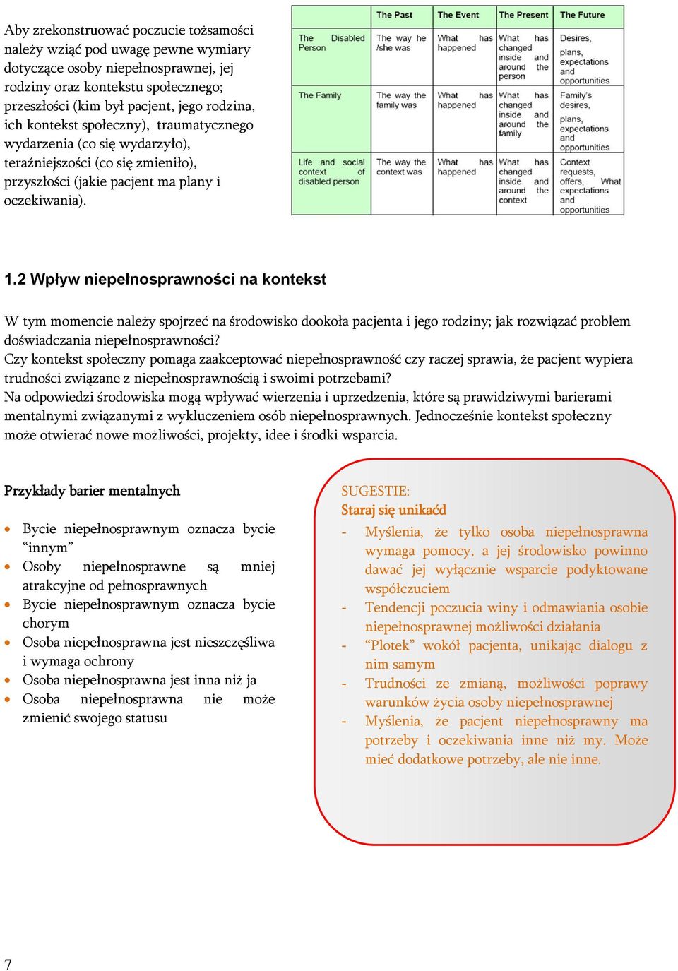 2 Wpływ niepełnosprawności na kontekst W tym momencie należy spojrzeć na środowisko dookoła pacjenta i jego rodziny; jak rozwiązać problem doświadczania niepełnosprawności?