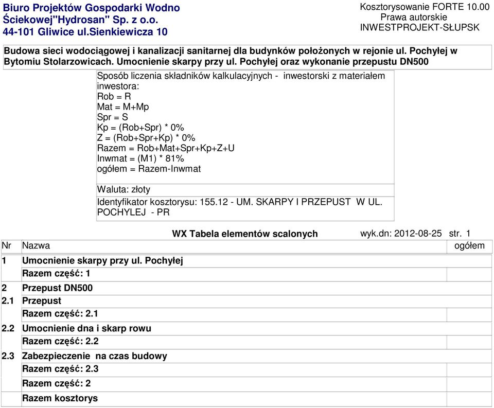 Pochyłej oraz wykonanie przepustu DN500 Sposób liczenia składników kalkulacyjnych - inwestorski z materiałem inwestora: Rob = R Mat = M+Mp Spr = S Kp = (Rob+Spr) * 0% Z = (Rob+Spr+Kp) * 0% Razem =