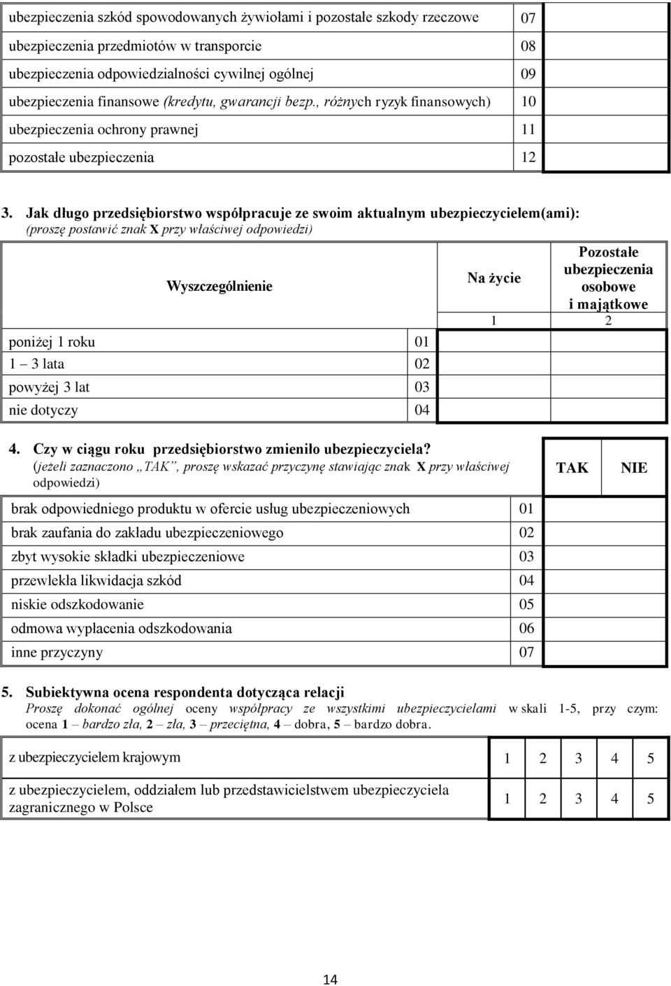 Jak długo przedsiębiorstwo współpracuje ze swoim aktualnym ubezpieczycielem(ami): (proszę postawić znak X przy właściwej odpowiedzi) poniżej 1 roku 01 1 3 lata 02 powyżej 3 lat 03 nie dotyczy 04