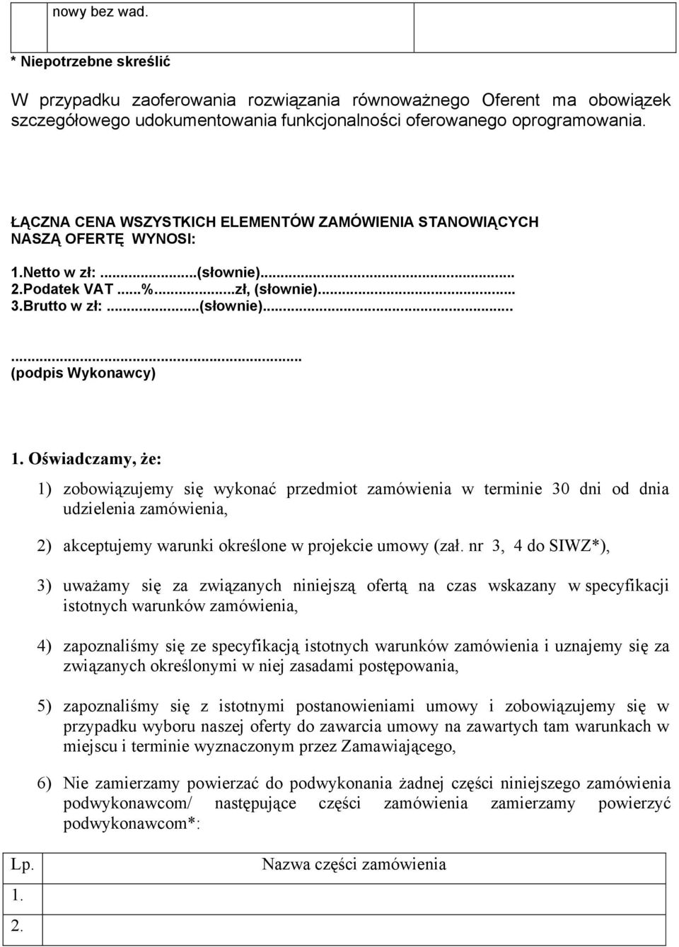 Oświadczamy, że: 1) zobowiązujemy się wykonać przedmiot zamówienia w terminie 30 dni od dnia udzielenia zamówienia, 2) akceptujemy warunki określone w projekcie umowy (zał.