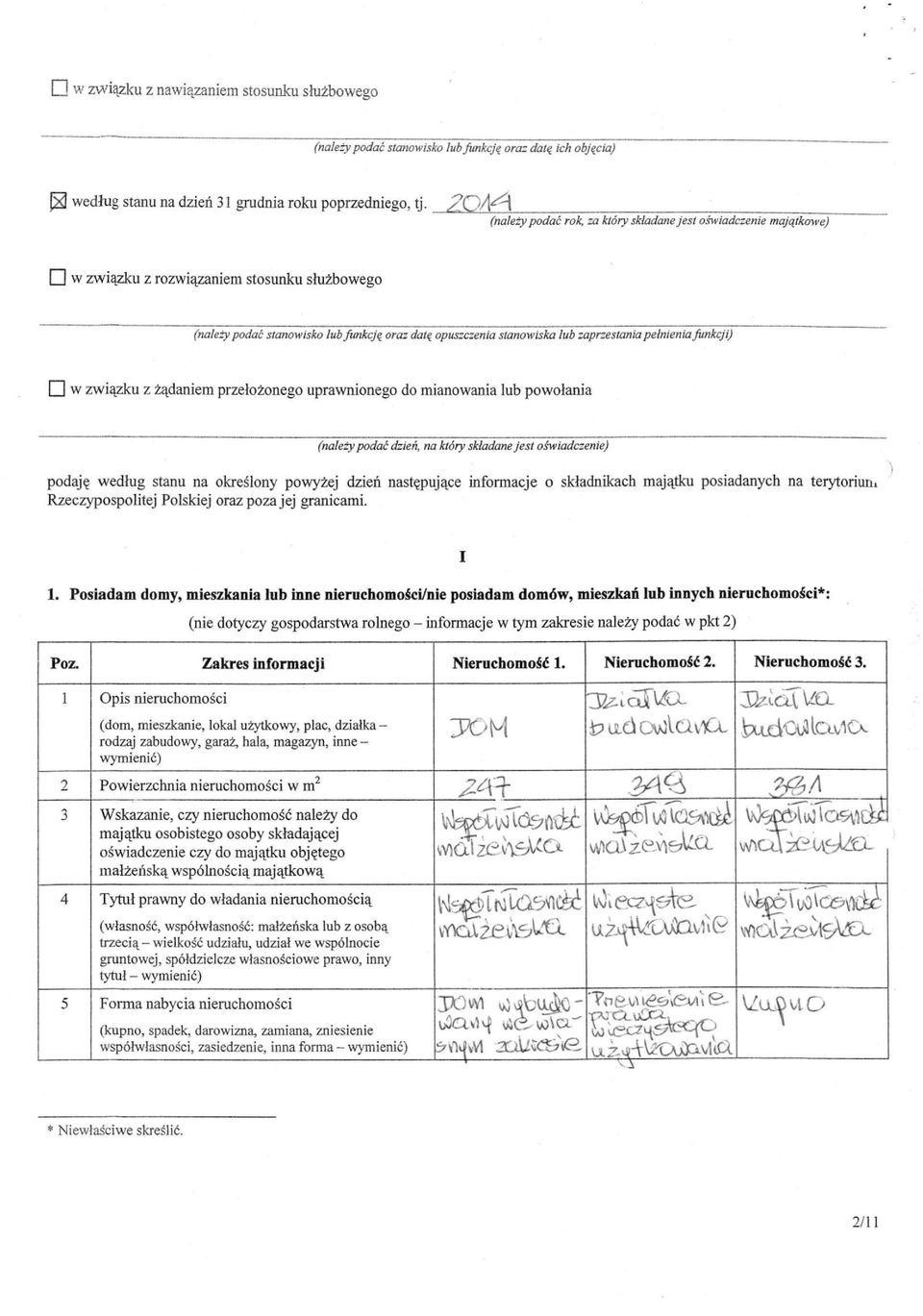 zaprzestania pełnienia funkcji) W związku z żądaniem przełożonego uprawnionego do mianowania lub powołania (należy podać dzień, na który składane jest oświadczenie) podaję według stanu na określony