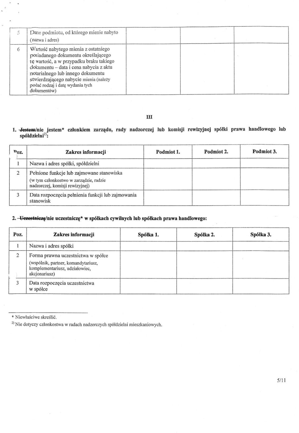 -Jestem/nie jestem* członkiem zarządu, rady nadzorczej lub komisji rewizyjnej spółki prawa handlowego lub spółdzielni'': ^oz. Zakres informacji Podmiot 1. Podmiot 2. Podmiot 3.