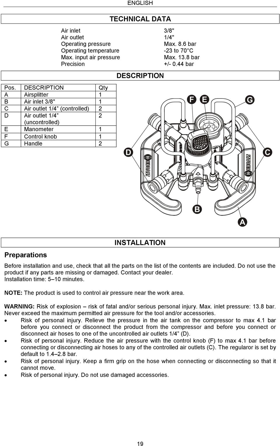 44 bar DESCRIPTION Preparations INSTALLATION Before installation and use, check that all the parts on the list of the contents are included. Do not use the product if any parts are missing or damaged.