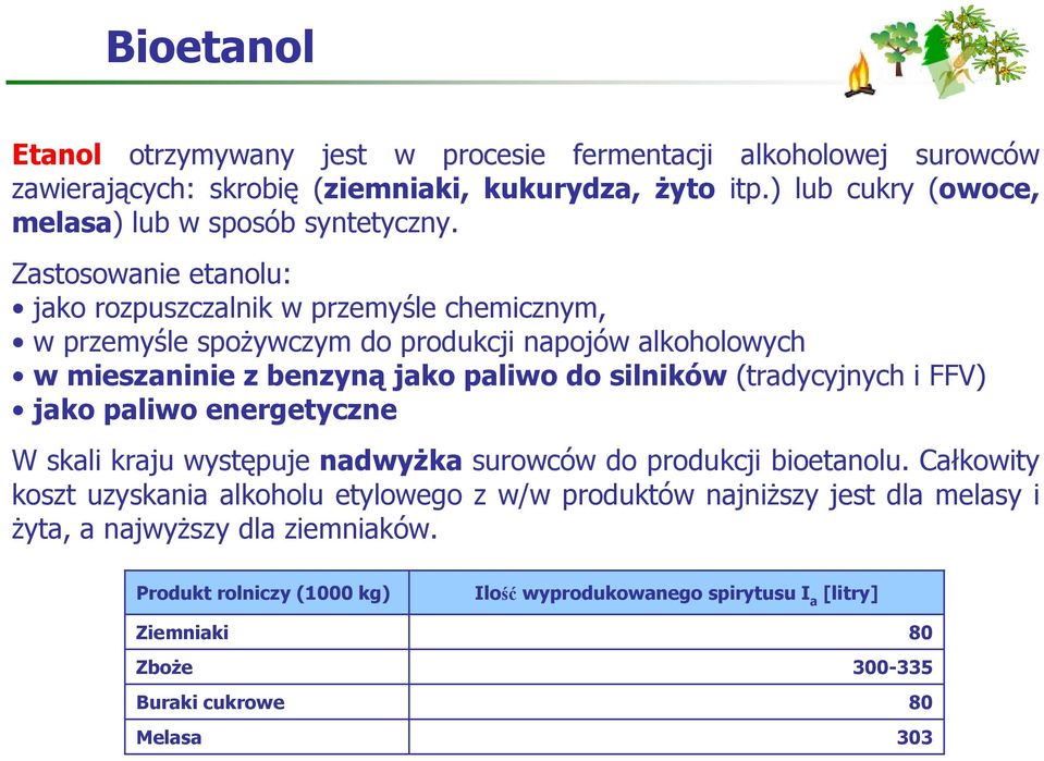 Zastosowanie etanolu: jako rozpuszczalnik w przemyśle chemicznym, w przemyśle spoŝywczym do produkcji napojów alkoholowych w mieszaninie z benzyną jako paliwo do silników