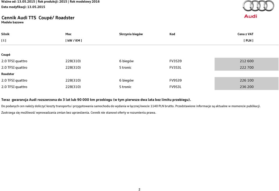 0 TFSI quattro 228(310) S tronic FV9S3L 236 200 Teraz gwarancja Audi rozszerzona do 3 lat lub 90 000 km przebiegu (w tym pierwsze dwa lata bez limitu przebiegu).