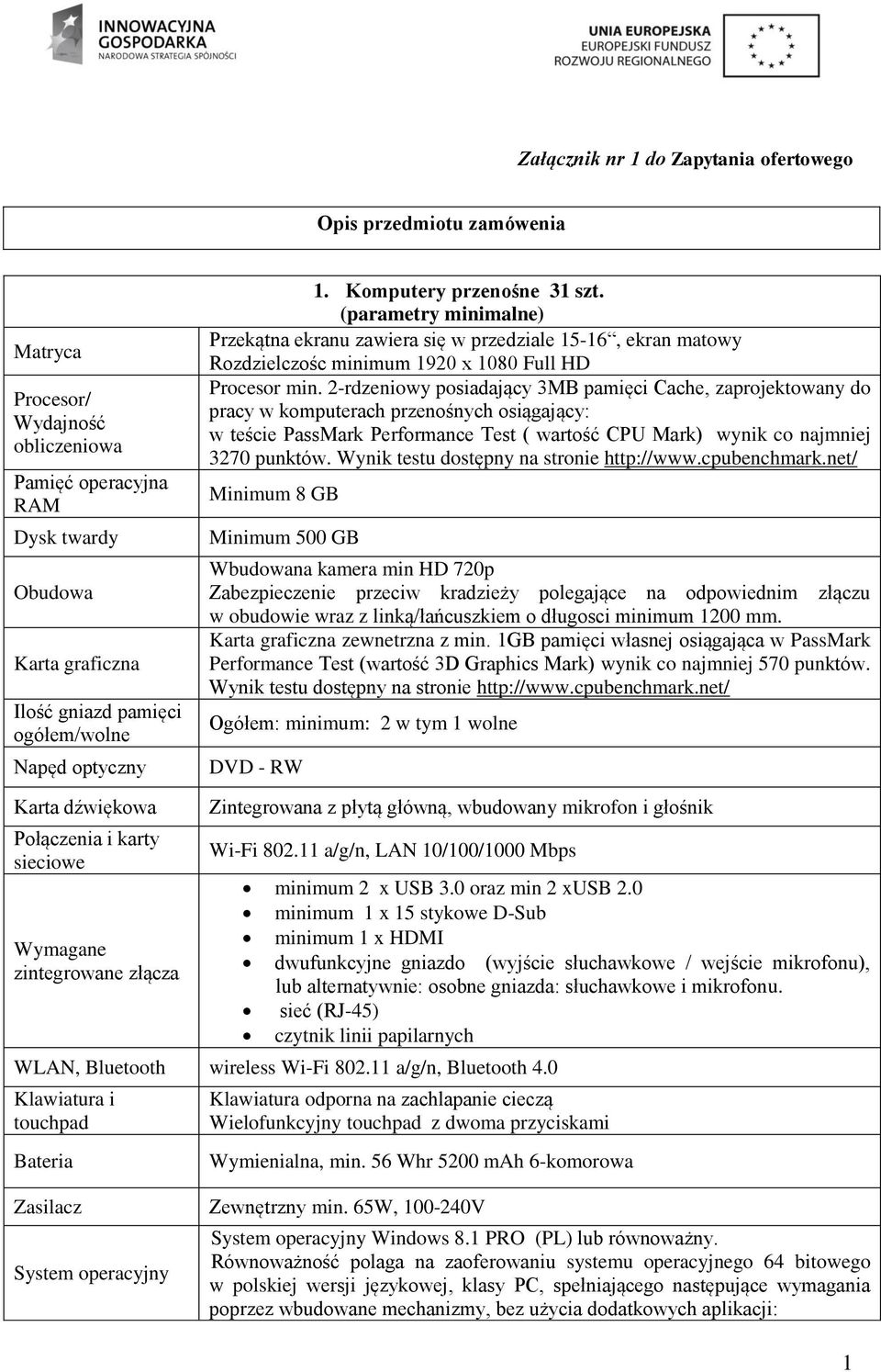 2-rdzeniowy posiadający 3MB pamięci Cache, zaprojektowany do pracy w komputerach przenośnych osiągający: w teście PassMark Performance Test ( wartość CPU Mark) wynik co najmniej 3270 punktów.