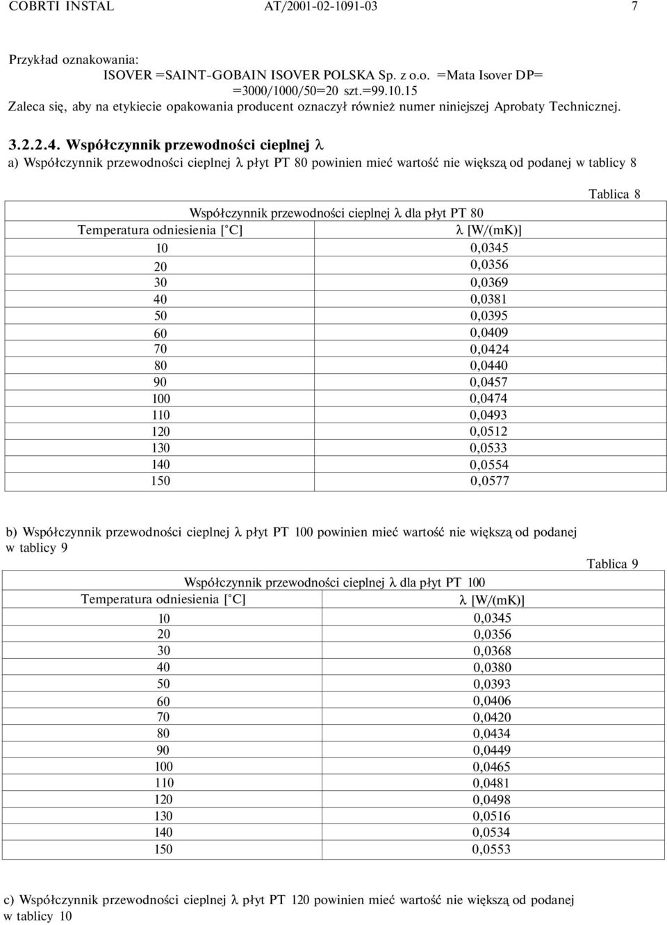 Współczynnik przewodności cieplnej λ a) Współczynnik przewodności cieplnej λ płyt PT 80 powinien mieć wartość nie większą od podanej w tablicy 8 Temperatura odniesienia [ C] 10 20 30 40 50 60 70 80