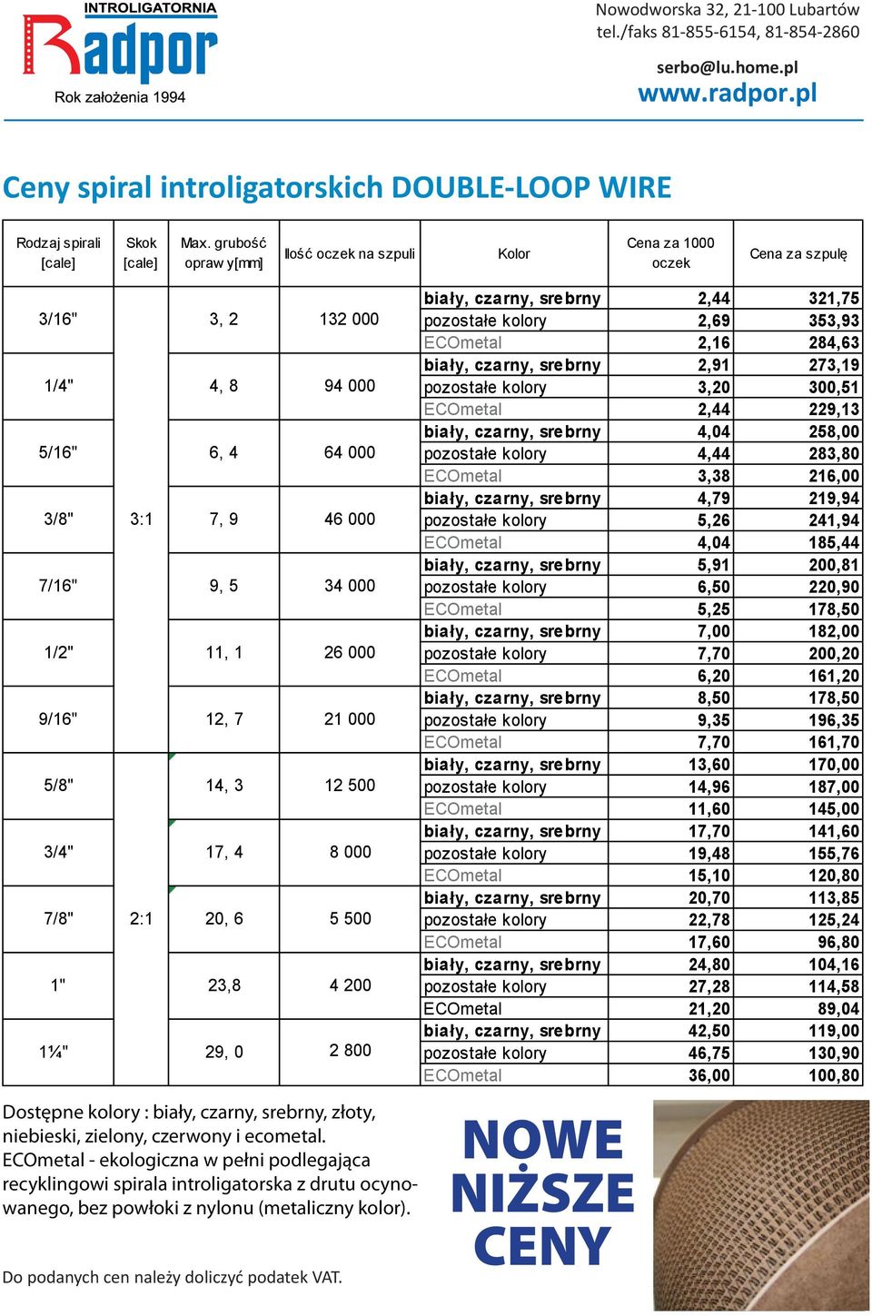 grubość oprw y[mm] Ilość oczek n szpuli Kolor Cen z 1000 oczek Cen z szpulę 3/16" 1/4" 5/16" 2:1 3, 2 4, 8 6, 4 3/8" 7, 9 7/16" 9, 5 1/2" 9/16" 5/8" 3/4" 7/8" 1" 1¼" 11, 1 12, 7, 3 17, 4, 6 23,8 29,