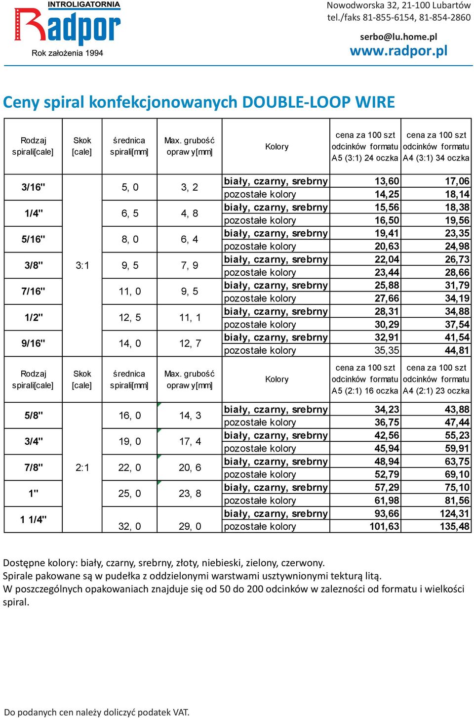 grubość oprw y[mm] Kolory cen z 100 szt odcinków formtu A5 () 24 oczk cen z 100 szt odcinków formtu A4 () 34 oczk 3/16" 1/4" 5/16" 3/8" 7/16" 1/2" 9/16" 5, 0 6, 5 8, 0 9, 5 11, 0 12, 5, 0 3, 2 4, 8