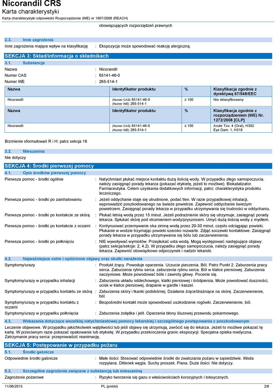 Substancja Nazwa : Nicorandil Numer CAS : 65141-46-0 Numer WE : 265-514-1 Nazwa Identyfikator produktu % Klasyfikacja zgodnie z dyrektywą 67/548/EEC Nicorandil (Numer CAS) 65141-46-0 (Numer WE)