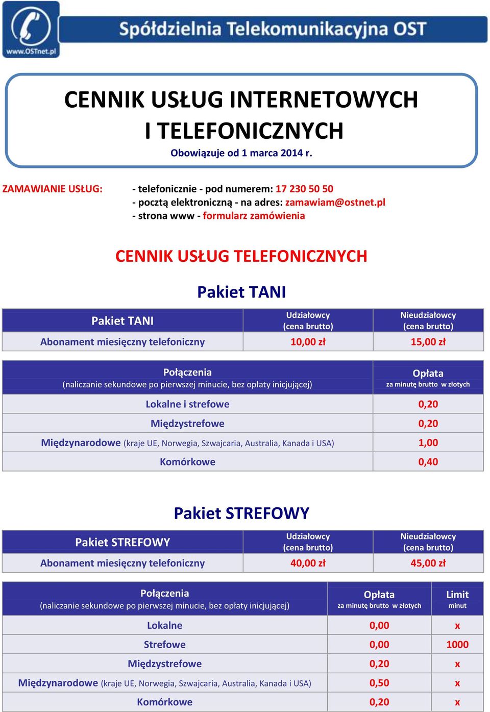 pl - strona www - formularz zamówienia CENNIK USŁUG TELEFONICZNYCH Pakiet TANI Pakiet TANI Abonament miesięczny telefoniczny 10,00 zł 15,00 zł Lokalne i strefowe 0,20