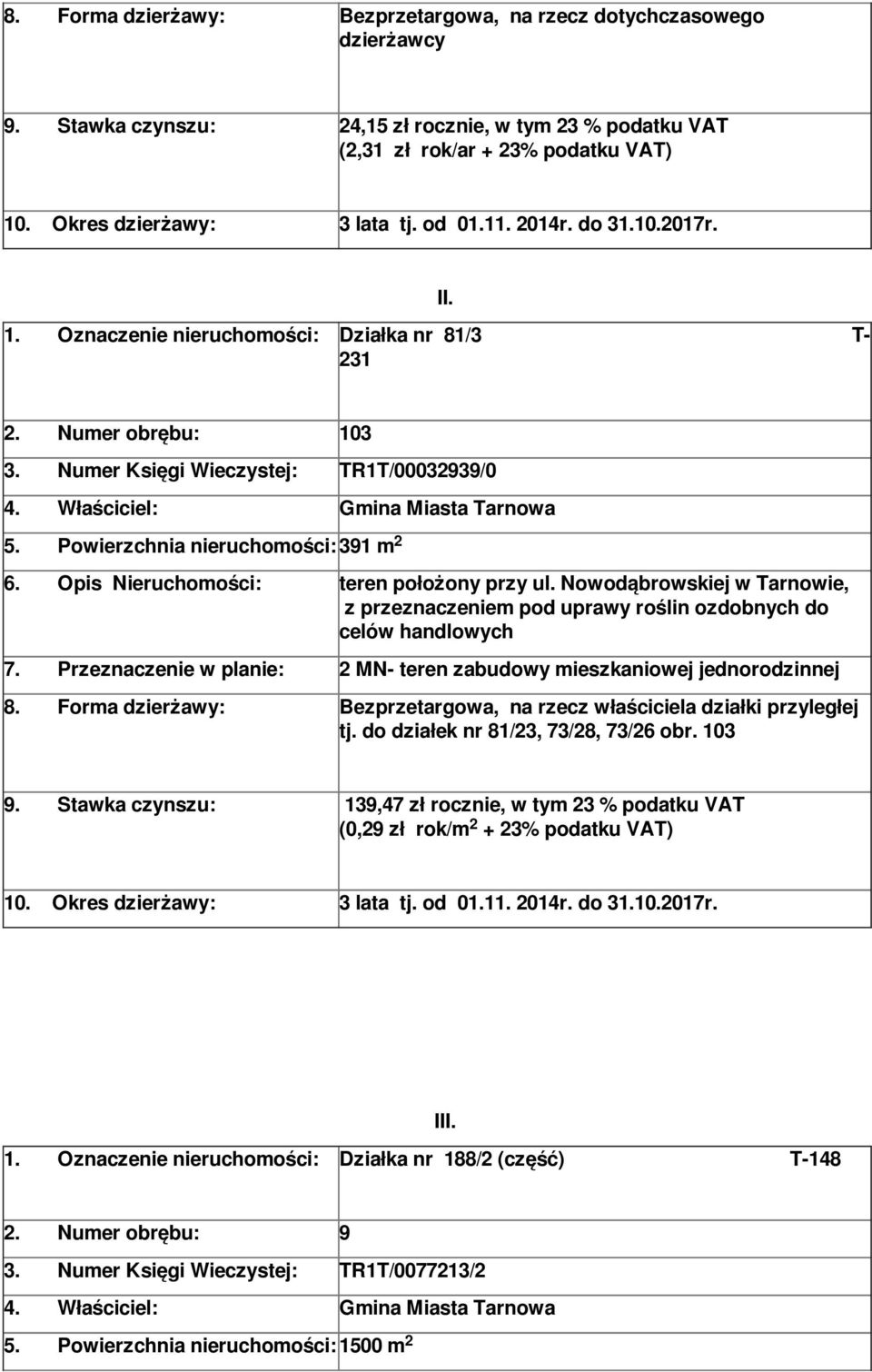 Nowodąbrowskiej w Tarnowie, z przeznaczeniem pod uprawy roślin ozdobnych do celów handlowych 7. Przeznaczenie w planie: MN- teren zabudowy mieszkaniowej jednorodzinnej 8.