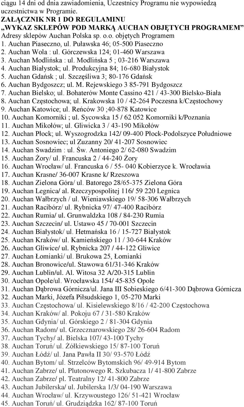 Auchan Wola : ul. Górczewska 124; 01-460 Warszawa 3. Auchan Modlińska : ul. Modlińska 5 ; 03-216 Warszawa 4. Auchan Białystok; ul. Produkcyjna 84; 16-680 Białystok 5. Auchan Gdańsk ; ul.