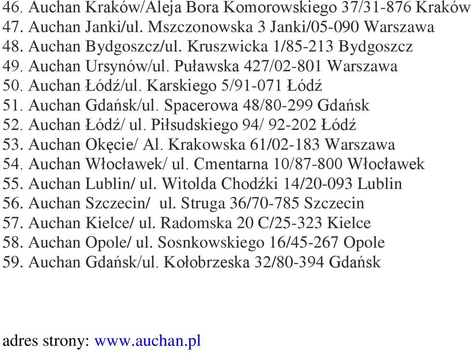 Piłsudskiego 94/ 92-202 Łódź 53. Auchan Okęcie/ Al. Krakowska 61/02-183 Warszawa 54. Auchan Włocławek/ ul. Cmentarna 10/87-800 Włocławek 55. Auchan Lublin/ ul.