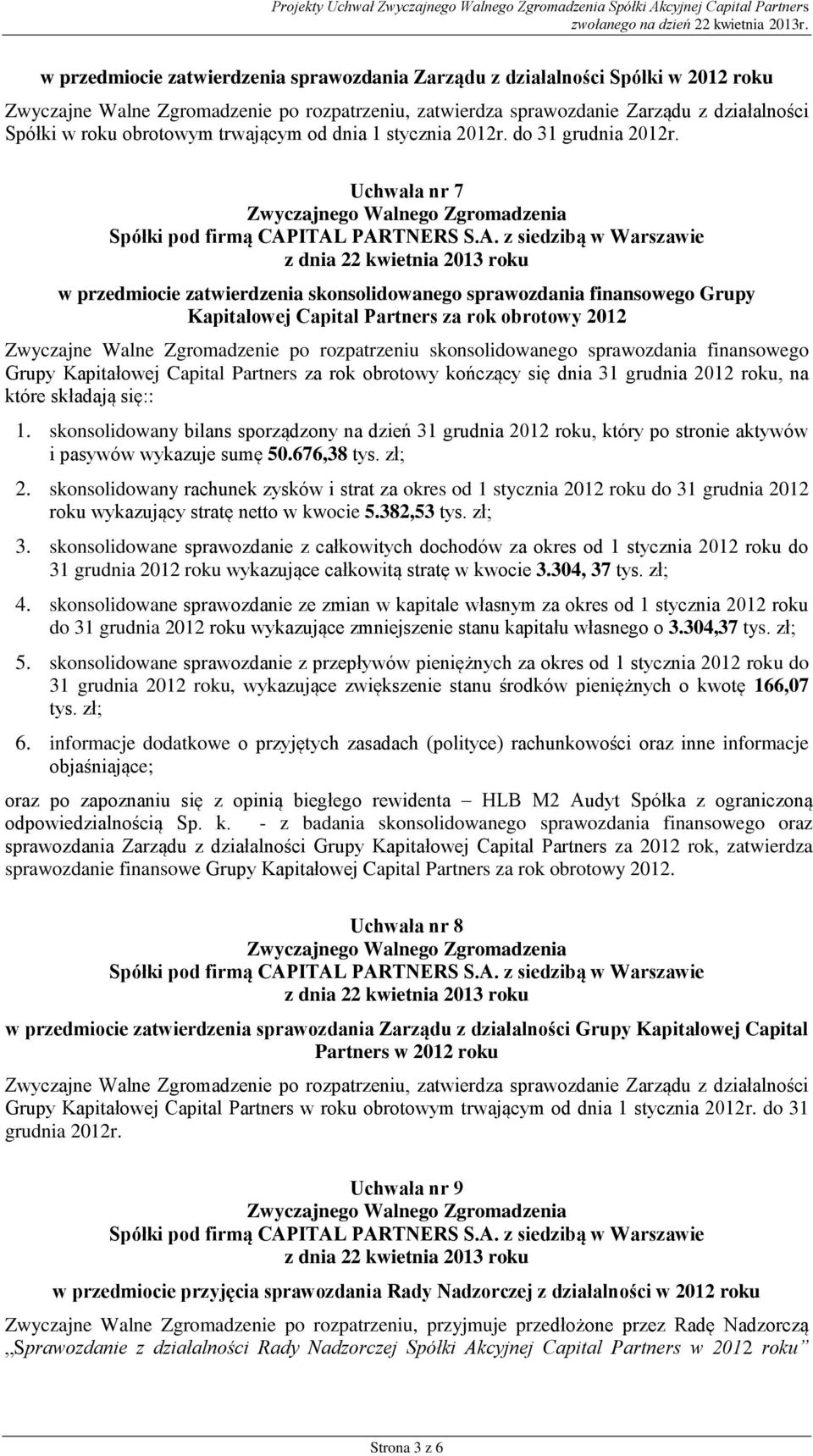 Uchwała nr 7 w przedmiocie zatwierdzenia skonsolidowanego sprawozdania finansowego Grupy Kapitałowej Capital Partners za rok obrotowy 2012 Zwyczajne Walne Zgromadzenie po rozpatrzeniu