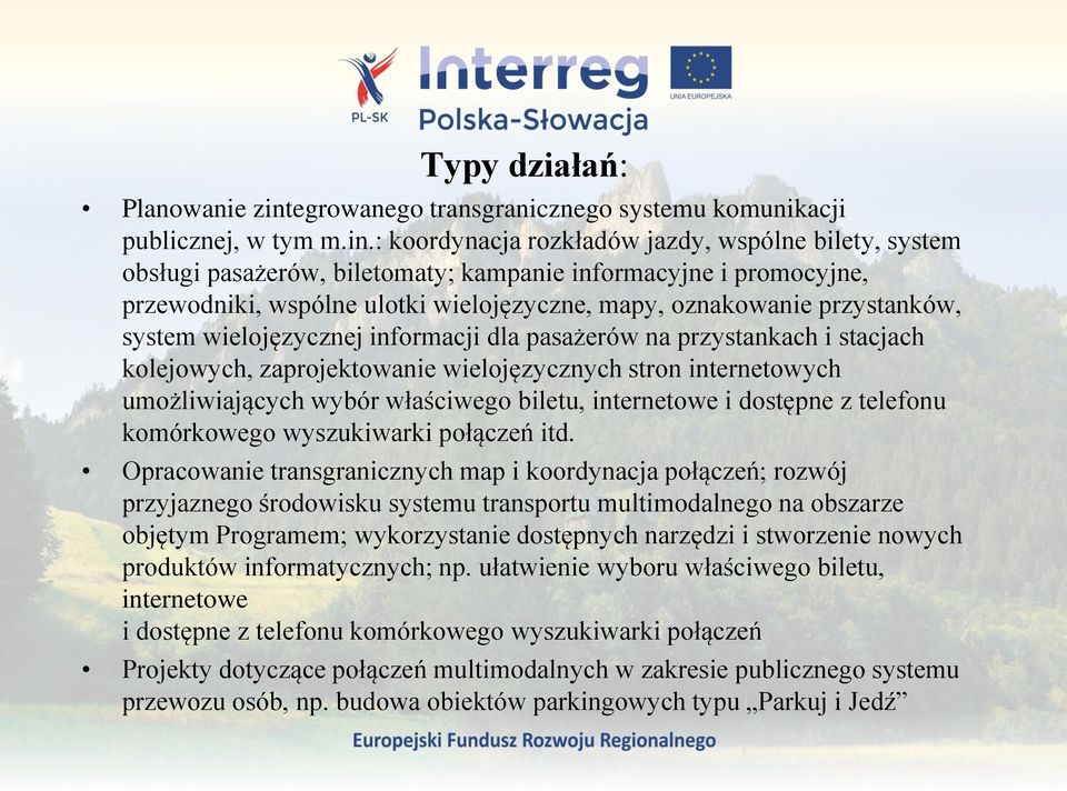 : koordynacja rozkładów jazdy, wspólne bilety, system obsługi pasażerów, biletomaty; kampanie informacyjne i promocyjne, przewodniki, wspólne ulotki wielojęzyczne, mapy, oznakowanie przystanków,