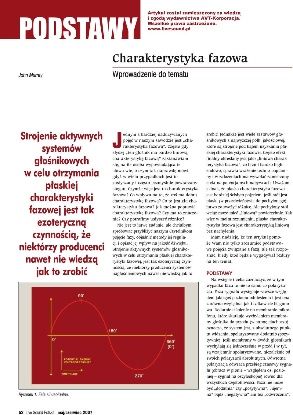 producenci nawet nie wiedzą jak to zrobić J Rysunek 1. Fala sinusoidalna. 52 Live Sound Polska maj/czerwiec 2007 ednym z bardziej nadużywanych pojęć w naszym zawodzie jest charakterystyka fazowa.