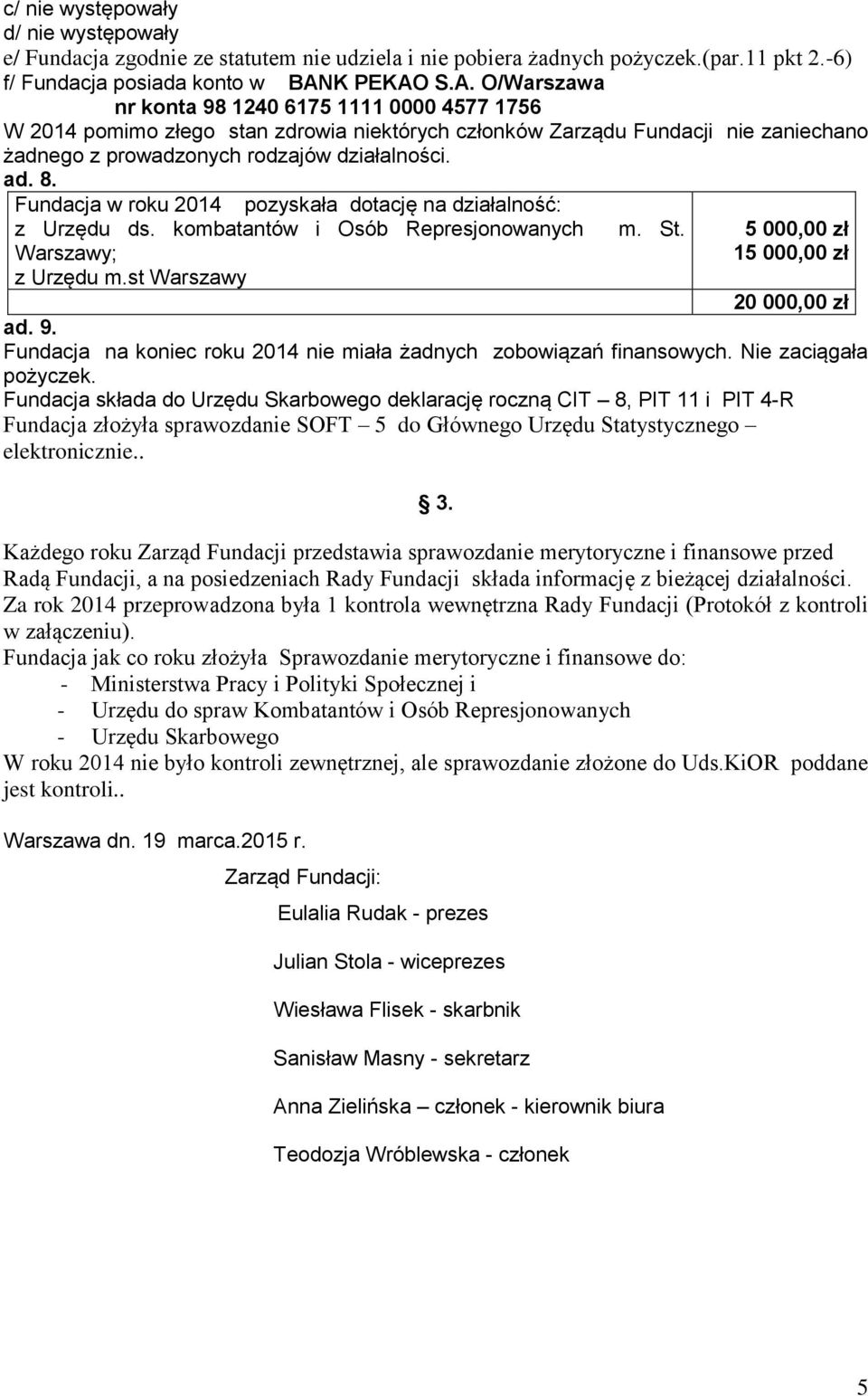 8. Fundacja w roku 2014 pozyskała dotację na działalność: z Urzędu ds. kombatantów i Osób Represjonowanych Warszawy; z Urzędu m.st Warszawy m. St. 5 000,00 zł 15 000,00 zł 20 000,00 zł ad. 9.