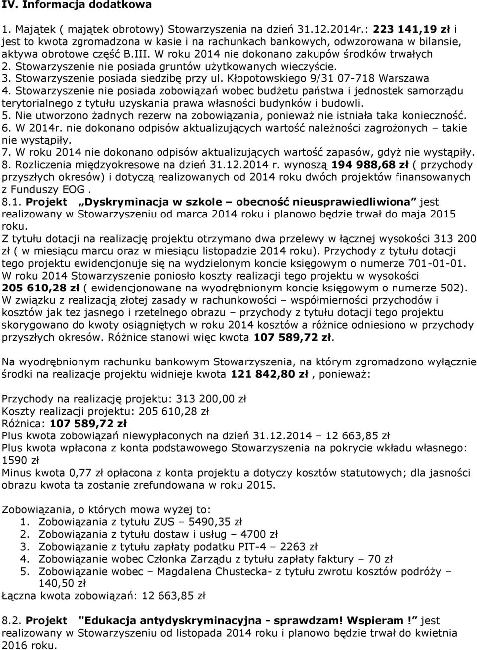 Stowarzyszenie nie posiada gruntów użytkowanych wieczyście. 3. Stowarzyszenie posiada siedzibę przy ul. Kłopotowskiego 9/31 07-718 Warszawa 4.