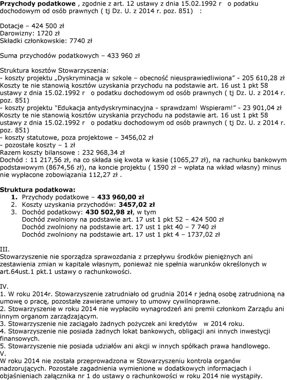nieusprawiedliwiona - 205 610,28 zł Koszty te nie stanowią kosztów uzyskania przychodu na podstawie art. 16 ust 1 pkt 58 ustawy z dnia 15.02.1992 r o podatku dochodowym od osób prawnych ( tj Dz. U.