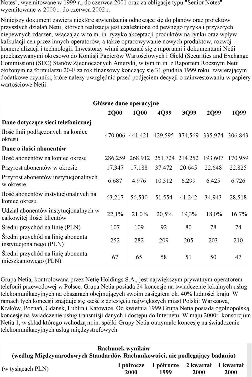 zdarzeń, włączając w to m. in. ryzyko akceptacji produktów na rynku oraz wpływ kalkulacji cen przez innych operatorów, a także opracowywanie nowych produktów, rozwój komercjalizacji i technologii.