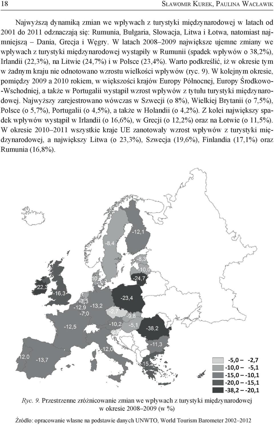 W latach 2008 2009 największe ujemne zmiany we wpływach z turystyki międzynarodowej wystąpiły w Rumunii (spadek wpływów o 38,2%), Irlandii (22,3%), na Litwie (24,7%) i w Polsce (23,4%).