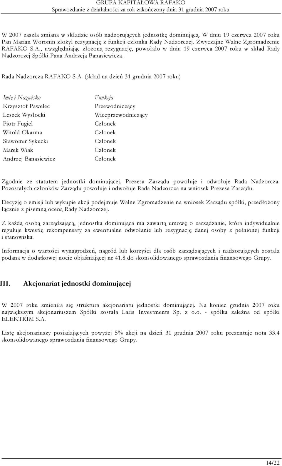 AKO S.A., uwzględniając złoŝoną rezygnację, powołało w dniu 19 czerwca 2007 roku w skład Rady Nadzorczej Spółki Pana Andrzeja Banasiewicza. Rada Nadzorcza RAFAKO S.A. (skład na dzień 31 grudnia 2007
