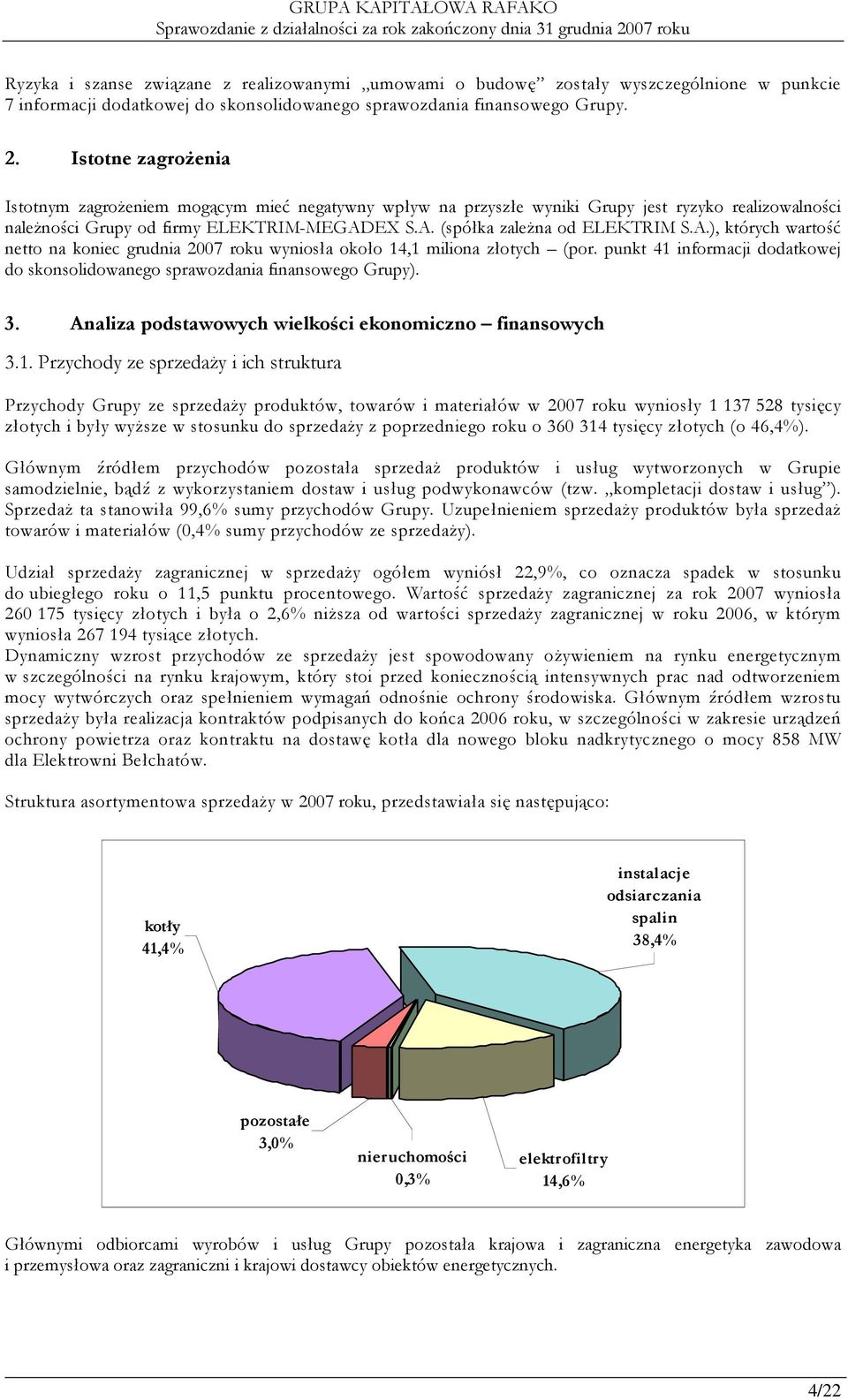 A.), których wartość netto na koniec grudnia 2007 roku wyniosła około 14,1 miliona złotych (por. punkt 41 informacji dodatkowej do skonsolidowanego sprawozdania finansowego Grupy). 3.