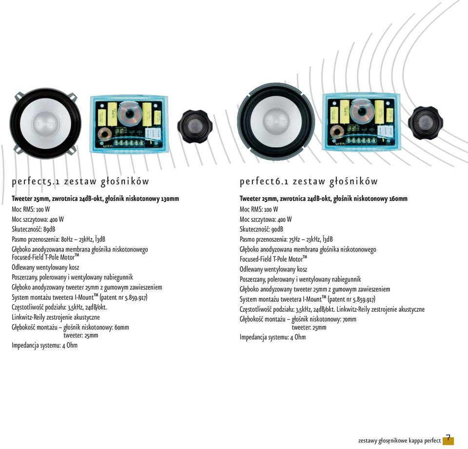 głośnika niskotonowego Focused-Field T-Pole Motor Odlewany wentylowany kosz Poszerzany, polerowany i wentylowany nabiegunnik Głęboko anodyzowany tweeter 25mm z gumowym zawieszeniem System montażu