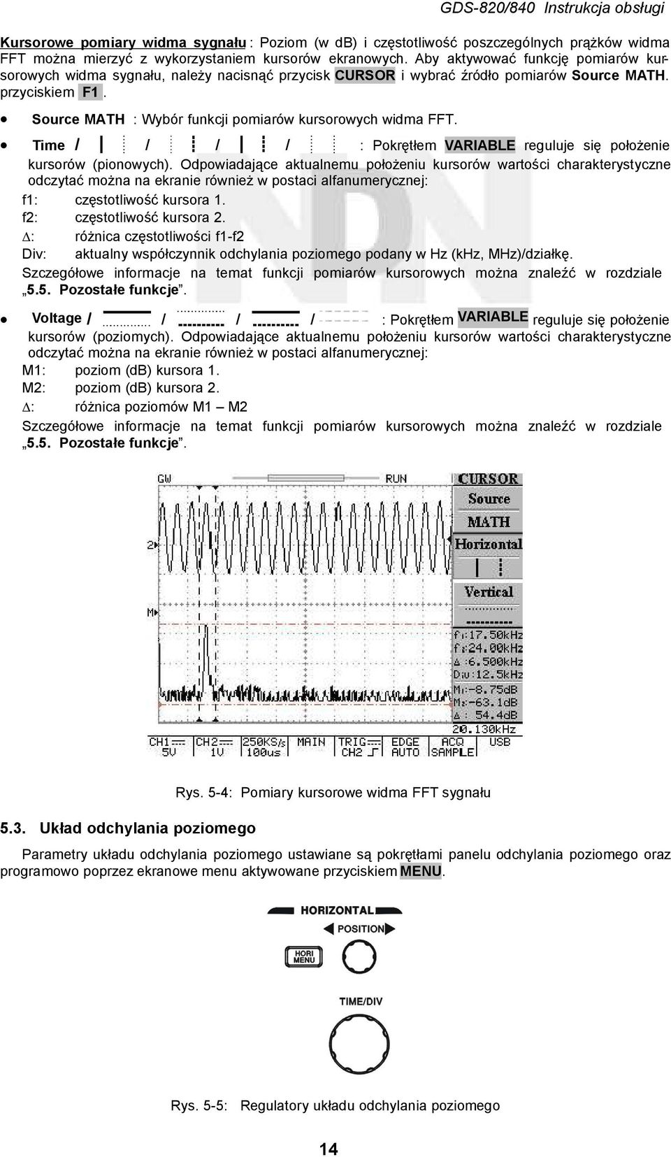 Source MATH : Wybór funkcji pomiarów kursorowych widma FFT. Time / / / / : Pokrętłem VARIABLE reguluje się położenie kursorów (pionowych).