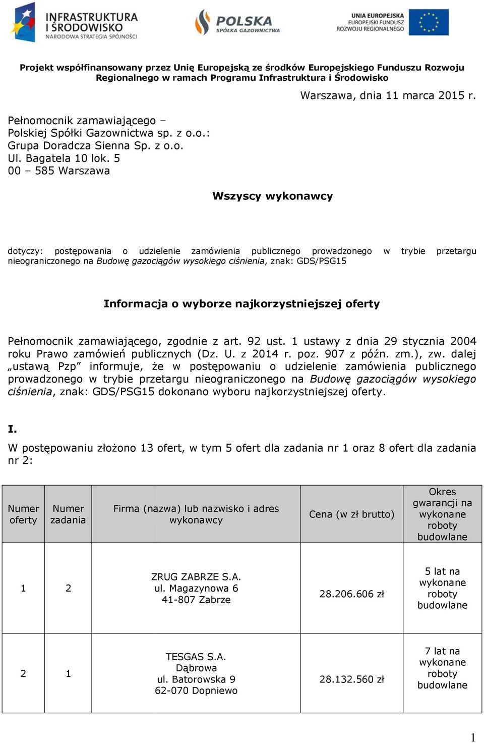 najkorzystniejszej oferty Pełnomocnik zamawiającego, zgodnie z art. 92 ust. 1 ustawy z dnia 29 stycznia 2004 roku Prawo zamówień publicznych (Dz. U. z 2014 r. poz. 907 z późn. zm.), zw.