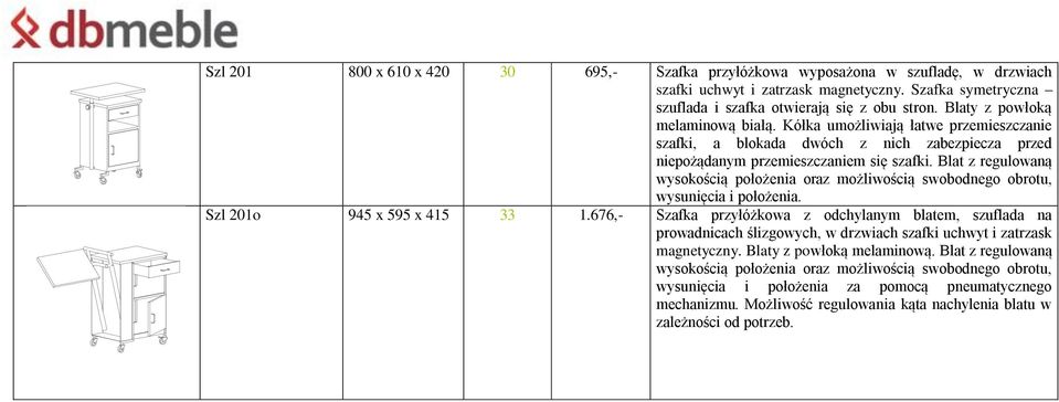 Blat z regulowaną wysokością położenia oraz możliwością swobodnego obrotu, wysunięcia i położenia. Szl 201o 945 x 595 x 415 33 1.