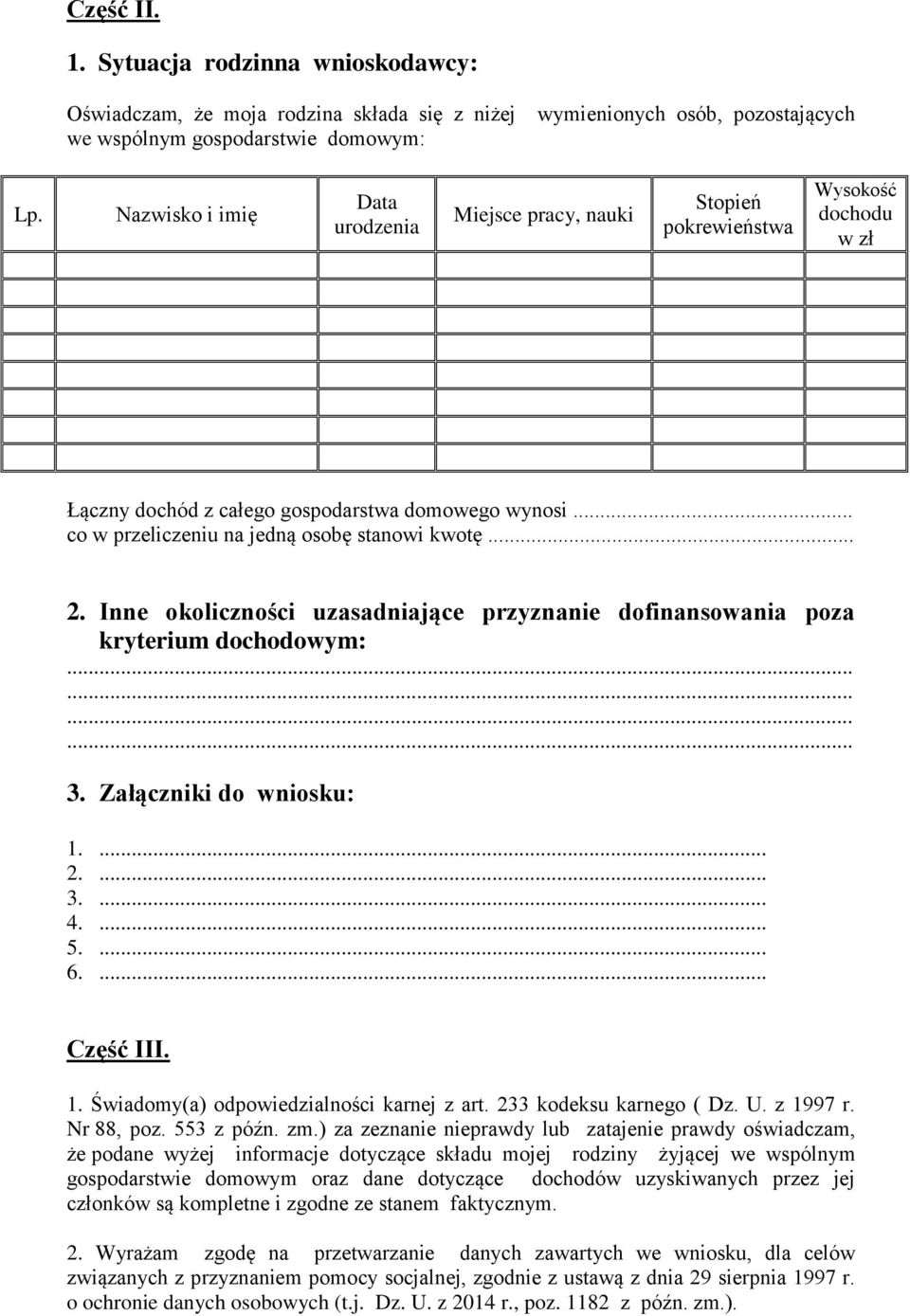 .. 2. Inne okoliczności uzasadniające przyznanie dofinansowania poza kryterium dochodowym:........ 3. Załączniki do wniosku: 1.... 2.... 3.... 4.... 5.... 6.... Część III. 1. Świadomy(a) odpowiedzialności karnej z art.