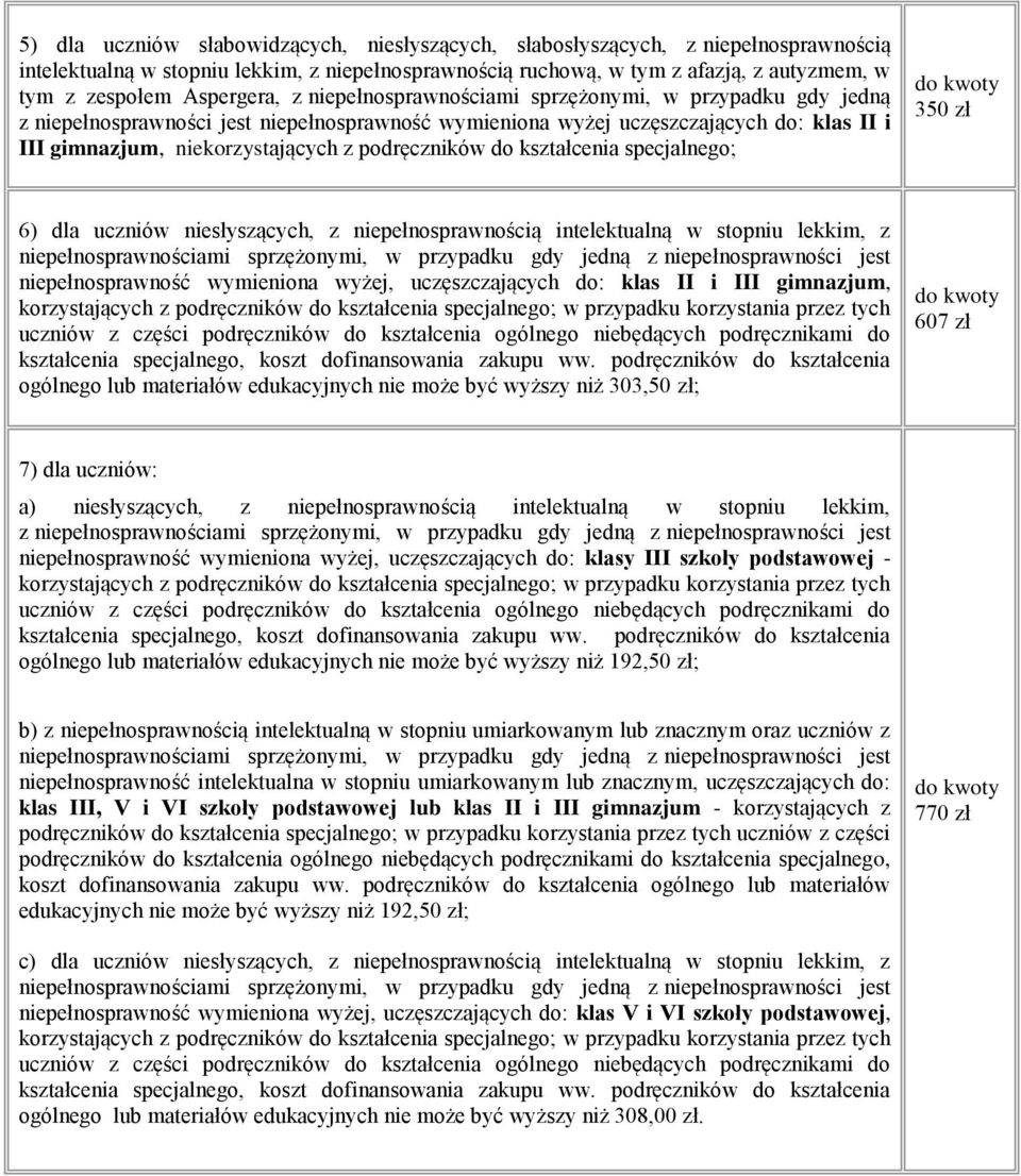 podręczników do kształcenia specjalnego; 350 zł 6) dla uczniów niesłyszących, z niepełnosprawnością intelektualną w stopniu lekkim, z niepełnosprawność wymieniona wyżej, uczęszczających do: klas II i