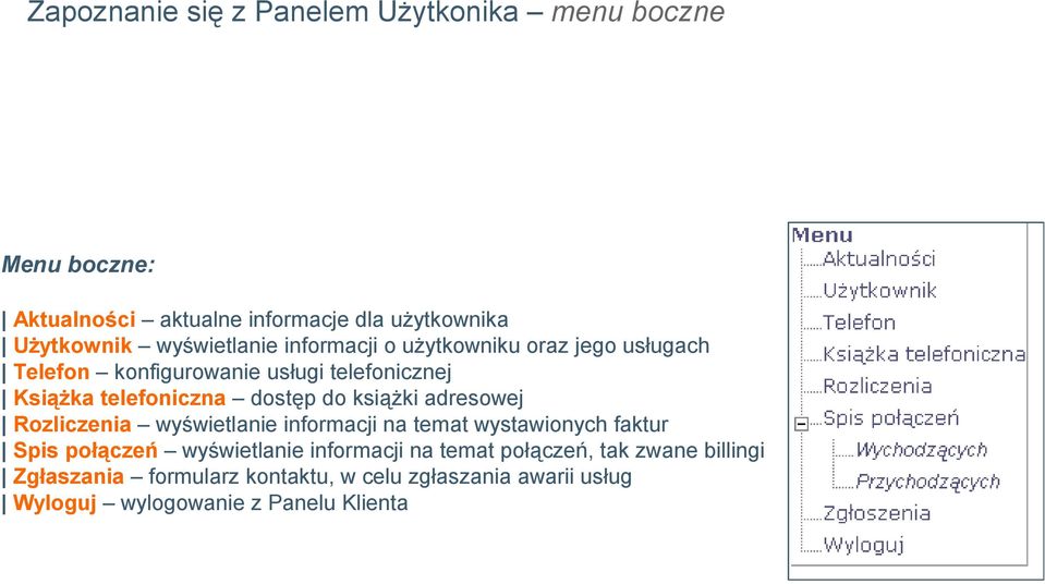 dostęp do książki adresowej Rozliczenia wyświetlanie informacji na temat wystawionych faktur Spis połączeń wyświetlanie