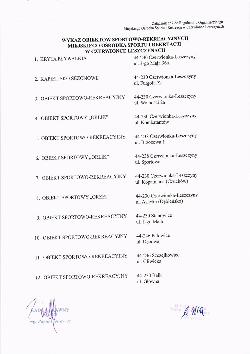 Furgola 72 3. OBEKT SPORTOWO-REKREACYJNY 44-23 0 Czerwionk a-l eszczytry ul. WolnoSci 2a 4. OBEKT SPORTOWY,,ORLK" 4 4-23 0 C zerwionk a-l eszczyrry ul. Kombatant6w 5.