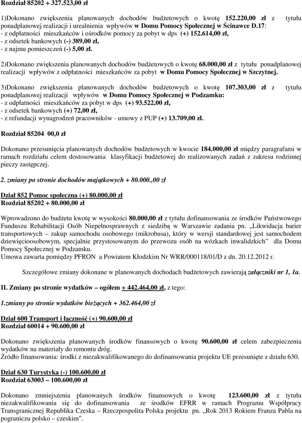 tytułu 2)Dokonano zwiększenia planowanych dochodów budżetowych o kwotę 68.000,00 zł z tytułu ponadplanowej realizacji wpływów z odpłatności mieszkańców za pobyt w Domu Pomocy Społecznej w Szczytnej.